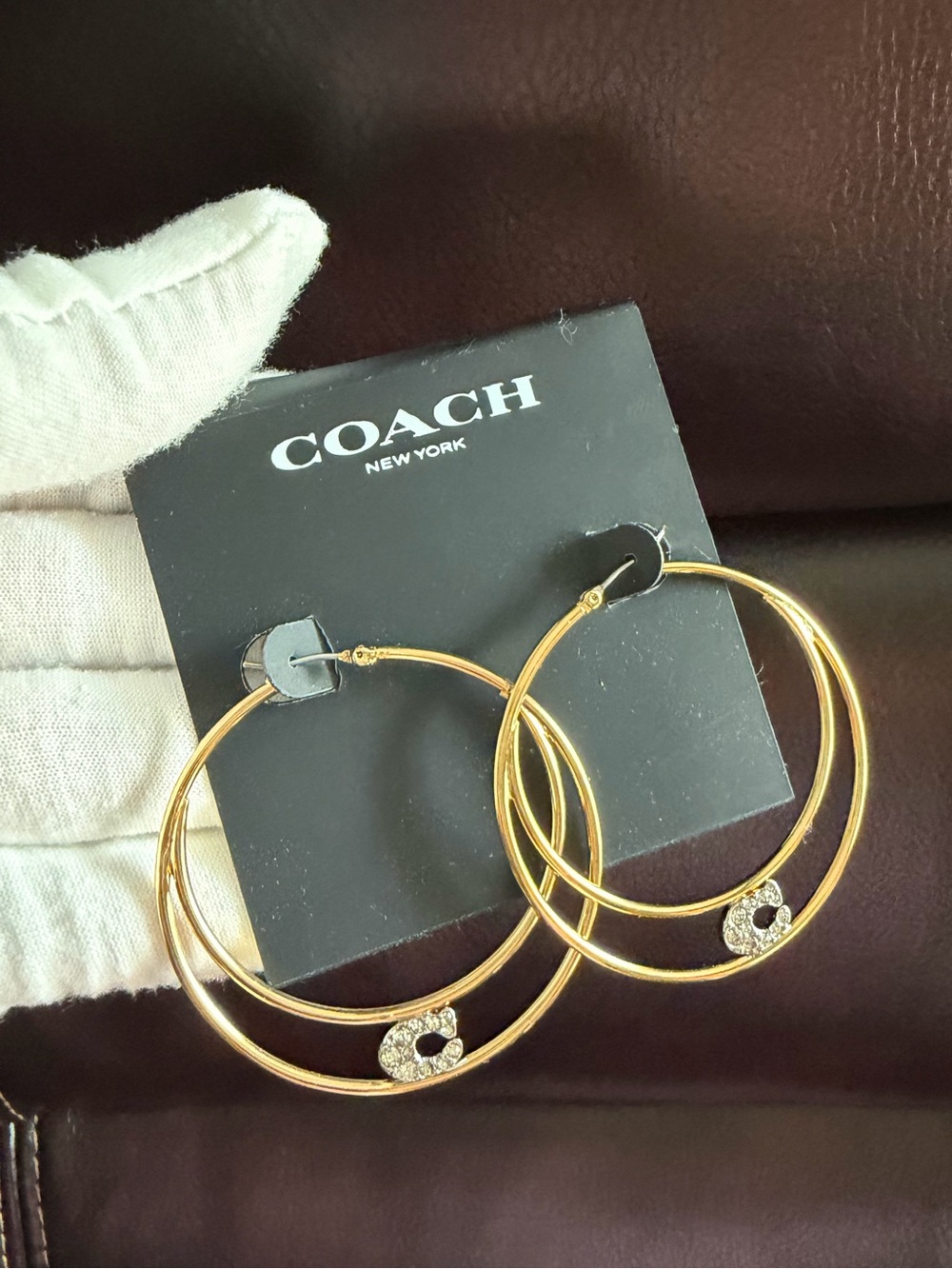 NWT Coach Gold Double Hoop Earrings with Crystal Accent - Picture 1 of 8